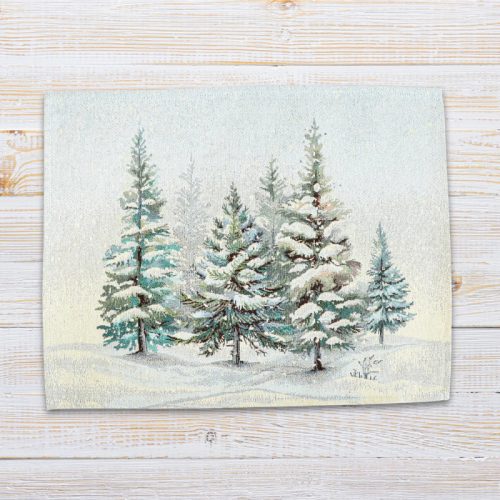 Havas fenyőerdő, ezüst lurexes gépi gobelin tányéralátét, 48 x 37 cm