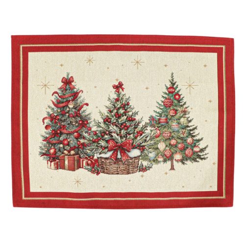 Karácsonyfás, piros szélű, arany lurexes gépi gobelin tányéralátét, 48 x 37 cm