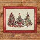 Karácsonyfás, piros szélű, arany lurexes gépi gobelin tányéralátét, 48 x 37 cm