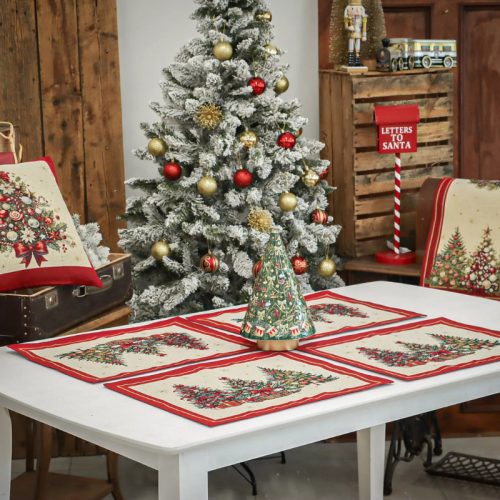 Karácsonyfás, piros szélű, arany lurexes gépi gobelin tányéralátét, 48 x 37 cm