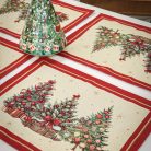 Karácsonyfás, piros szélű, arany lurexes gépi gobelin tányéralátét, 48 x 37 cm