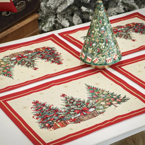 Karácsonyfás, piros szélű, arany lurexes gépi gobelin tányéralátét, 48 x 37 cm