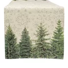Ezüsfenyőerdős és hópehely mintás, ezüst lurexes gépi gobelin asztali futó, 44 x 140 cm