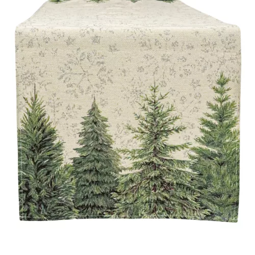Ezüsfenyőerdős és hópehely mintás, ezüst lurexes gépi gobelin asztali futó, 44 x 140 cm