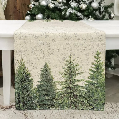 Ezüsfenyőerdős és hópehely mintás, ezüst lurexes gépi gobelin asztali futó, 44 x 140 cm