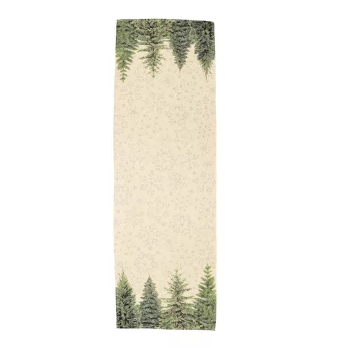 Ezüsfenyőerdős és hópehely mintás, ezüst lurexes gépi gobelin asztali futó, 44 x 140 cm