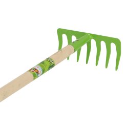 Zöld gyerek gereblye fa nyéllel, felakasztható kötéllel