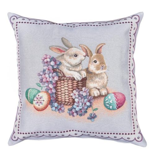 Húsvéti nyuszis, lila virágos, gobelin díszpárna huzat, 45x45 cm