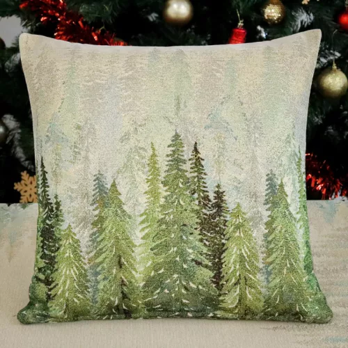 Fenyőerdő, arany lurexes gépi gobelin díszpárna huzat, 45 x 45 cm