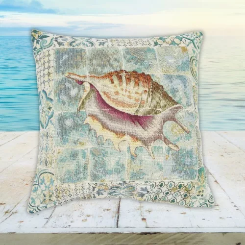 Kagylós, mediterrán stílusú gobelin díszpárna huzat, 45x45 cm