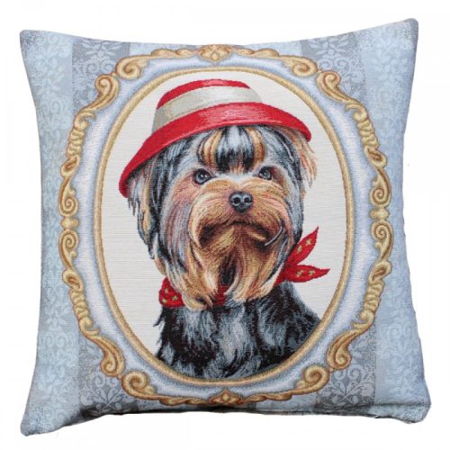 Yorkie kalapban, goblein díszpárna huzat, 45x45 cm