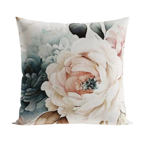 Peony virágos bársony díszpárna, béléssel, 40 x 40 cm