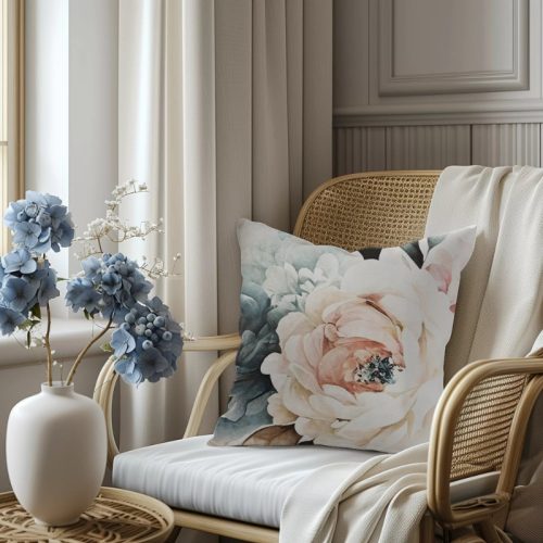 Peony virágos bársony díszpárna, béléssel, 40 x 40 cm