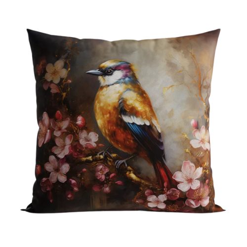 Színes tollú madaras bársony díszpárna, béléssel, 40 x 40 cm