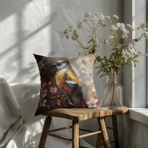 Színes tollú madaras bársony díszpárna, béléssel, 40 x 40 cm