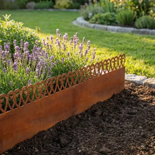 Rusztikus stílusú leszúrható fém ágyásszegély, gyepszegély, 100 x 35 cm