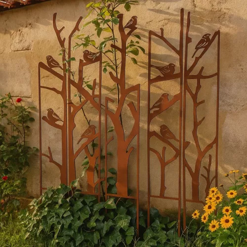 Rusztikus stílusú lézervágott fém növényfuttató, madár mintás, 170 cm, 5 db-os szett