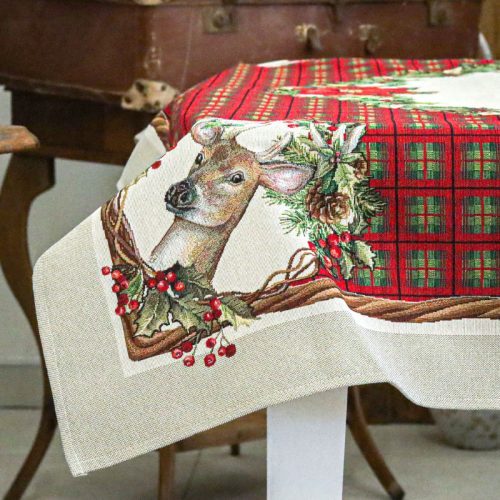 Szarvasos, karácsonyi kockás gépi gobelin asztalterítő, 137 x 240 cm