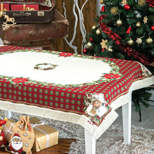 Szarvasos, karácsonyi kockás gépi gobelin asztalterítő, 137 x 240 cm