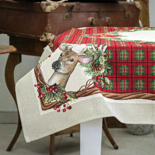Szarvasos, karácsonyi kockás gépi gobelin asztalterítő, 137 x 240 cm