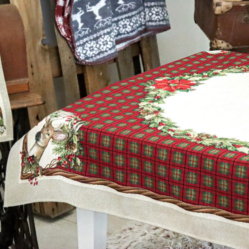 Szarvasos, karácsonyi kockás gépi gobelin asztalterítő, 137 x 240 cm