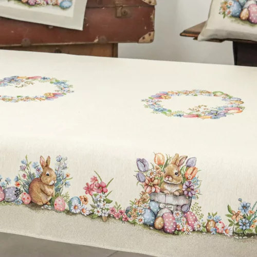 Húsvéti nyuszis, színes tojásos gép gobelin asztalterítő, 137 x 240 cm
