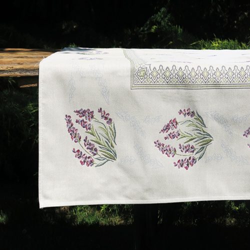 Levendulás, bézs gépi gobelin asztalterítő, 137x240 cm