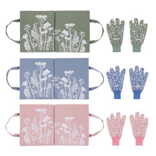 Mezei virág mintás kerti térdelőpárna és kesztyű szett, kék