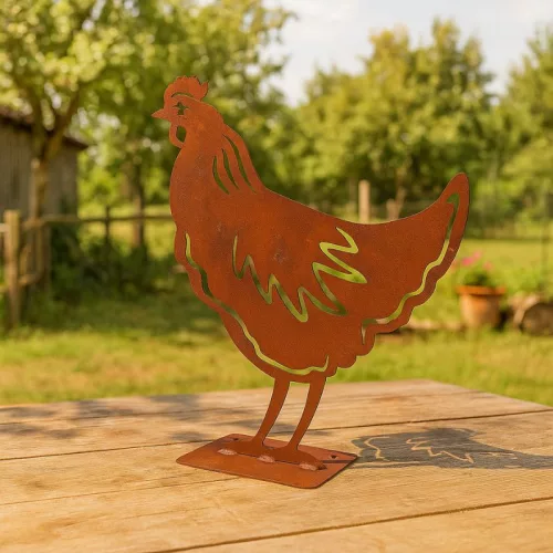 Rusztikus lézervágott csirke sziluett, kültéri és beltéri dekorációs kiegészítő, 25 x 29 cm