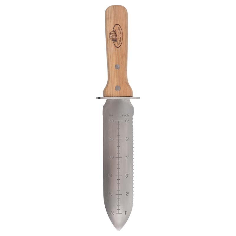 Rozsdamentes acél Hori Hori kés tokkal, kőrisfa nyéllel, 32 cm